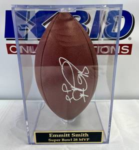 lot 26 image: Emmitt Smith Signed Football with AuthenticGraph COA and Custom Super Bowl 28 MVP Case - Wilson Official NFL Football - Dallas Cowboys