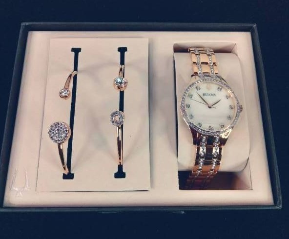 NEW Bulova Womens Goldtone Mother-of-Pearl Crystal Watch and Bangle Bracelet Set