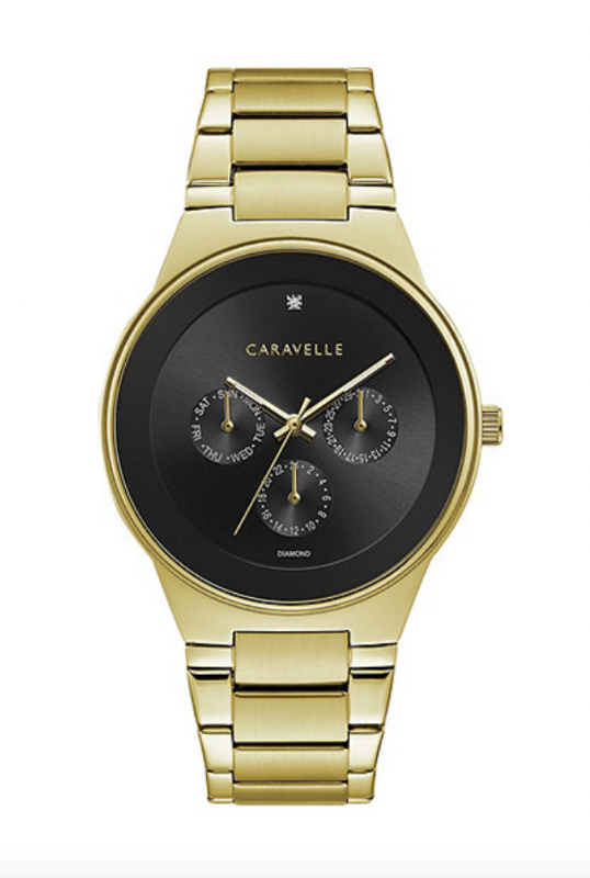 New Caravelle Mens Black-Dial Diamond-Accent Goldtone Stainless Steel Multifunction Watch
