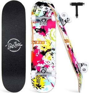 lot 8 image: BELEEV Skateboards for Beginners, 31 x 8 inch Complete Skateboard for Kids Teens Adults, 7 Layer Canadian Maple Double Kick Deck Concave Cruiser Trick Skateboard with Multifunction Skate T-Tool