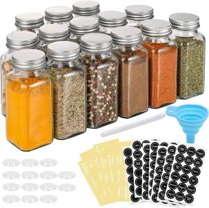 lot 28 image: 14 Pcs Glass Spice Jars with Spice Labels - 6oz Empty Square Spice Bottles - Shaker Lids and Airtight Metal Caps - Chalk Marker and Silicone Collapsible Funnel Included