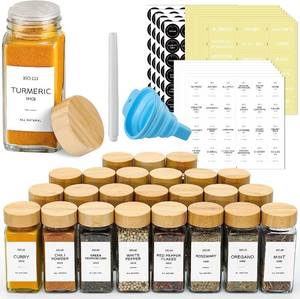 lot 31 image: 24 Pcs Glass Spice Jars with Bamboo Lids, 4 oz  Spice Labels Stickers, Collapsible Funnel,