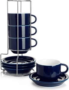 lot 62 image: 8 Ounce Porcelain Stackable Cappuccino Cups with Saucers and Metal Stand - for Specialty Coffee Drinks, Cappuccino, Latte, Americano and Tea