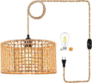 lot 68 image: Plug in Pendant Light Rattan Hanging Lights with Plug in Cord, Boho Hanging Lamp with Handmade Woven Wicker Basket Lamp