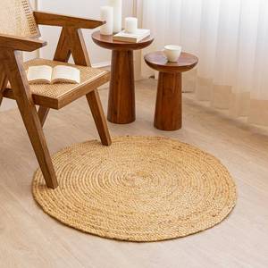 lot 109 image: HOMEMONDE Jute Round Rug 3ft - Handcrafted Farmhouse Accent Rug - Natural Fiber Braided Design