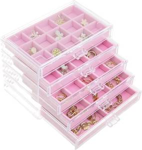 lot 113 image: Earring Organizer Box Acrylic Jewelry Organizer with 5 Drawers pink
