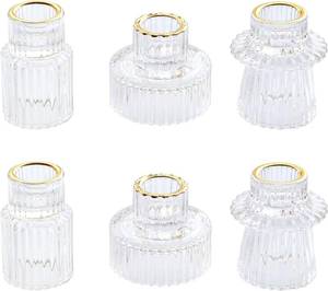 lot 114 image: Vixdonos Taper Glass Candlestick Holders Tealight Candle Holders for Table Centerpieces, Wedding Decor and Dinner Party (6 Pcs, Gold Rim Clear)