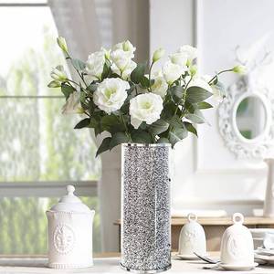 lot 142 image: Silver Glass Vase for Flowers, Large 10in Crushed Diamond Vase, Luxurious Fresh Flower Vase for Home Decor, Bedroom, Living Room, Office, Wedding, Party, Dining Table