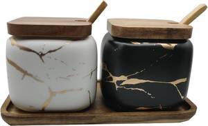 lot 144 image: 2 Sets of Marble Ceramic Sugar Bowl Ceramic Seasoning Jars with Wooden Lid and Wooden Spoon(Black and White)