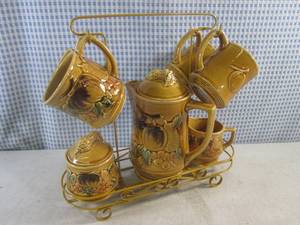 (FS) Vintage Ceramic Coffee Set - Coffee Pot, 4 Cups, Sugar &amp Creamer with Metal Stand - Made In Japan