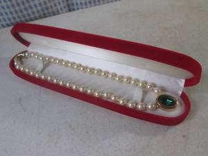 (FS) Nice Necklace In Box Large Green Stone Pendant and 3 Small on Clasp Only Markings Found  S.A.L.