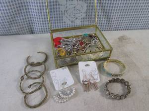 (EC1) Brass and Glass Jewelry Box Full of Assorted Fashion Jewelry