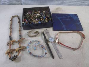 (CS) Tin Box Full of Assorted Fashion Jewelry and 3 Watches