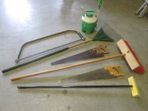 (CS) 3 Hand Saws, Rake, Shop Broom and Tuff Tank 500 Home &amp Garden Sprayer