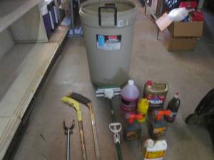 (A-4) 32 Gallon Container with Misc - Hockey Sticks, Mop, Grabber, Yard Sprays Etc