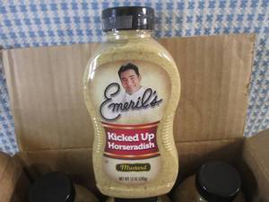 (B-3) Case 12 Squeeze Bottles Emerils Kicked Up Horseradish Mustard 12oz Past Date