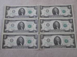 (CNTR) 6 Uncirculated Sequential US $2 Bills