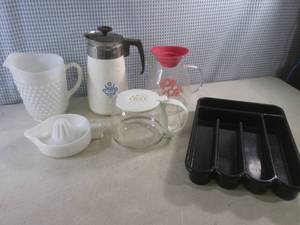 (F-0) Vintage Milk Glass Hobnail Pitcher, Vintage Sunkist Milkglass Juicer and Other Misc