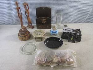 (CSB) Assorted Small Decor - Carved Wood, Triket Boxes Sea Shells Etc