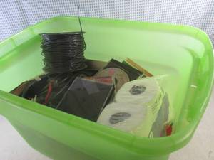 (F-2) Tote Full of Misc - Roll of Wire, Tile and Tile Tools, Bath Tissue, Office and Craft, CDs