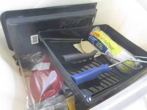 (F-2) Assortment of Painting Supplies Including Drop Cloth Tarp in Tote with Lid