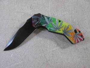 (CNTR) Rainbow Green Leaf Design Spring Assist Folding Knife with Belt Clip New In Box - 7 34 Open  4 58 Closed
