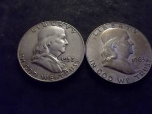 1958 D & 1963 D Franklin Half Dollars