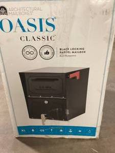 lot 13 image: Architectural Mailboxes Oasis Classic Black, Extra Large, Steel, Locking, Post Mount Parcel Mailbox with High Security Reinforced Lock   Customer Returns See Pictures
