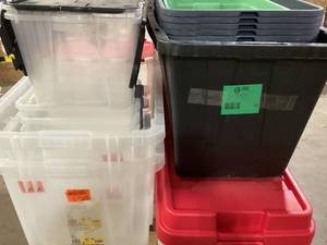 lot 23 image: Lot of Assorted Plastic Bins Not All Bins Have Tops Customer Returns See Pictures