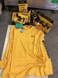 lot 34 image: Lot of Assorted Dewalt Power Portable Stations Tools, and T-Shirt Various Models and Conditions Customer Returns See Pictures
