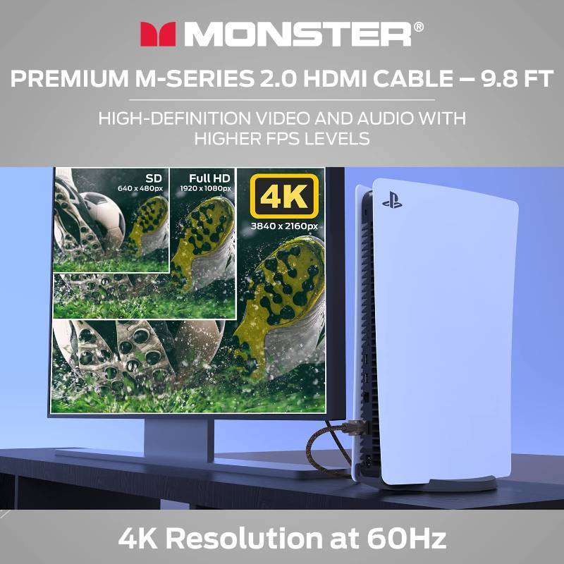 lot 812 image: Monster M-Series Certified Premium HDMI Cable 2.0, Features 4K Ultra HD at 60Hz Refresh Rate, Duraflex Jacket, and Triple Layer Shielding, 25 Gbps - 16 ft