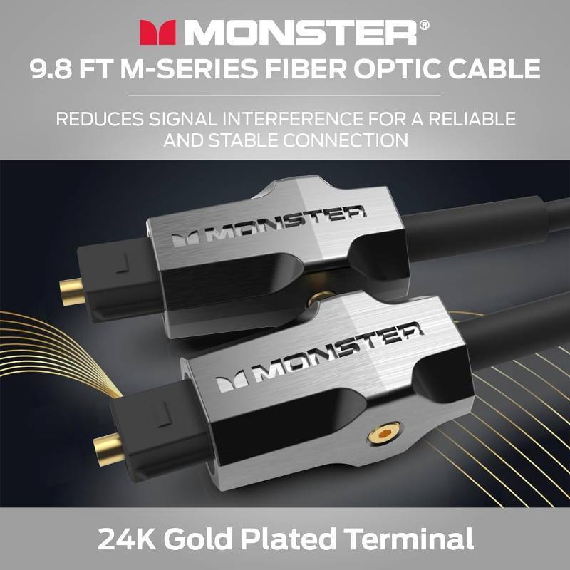 lot 874 image: Monster M-Series 1000 Fiber Optical Audio Toslink Cable, Sound Bar Optical Audio Cable with Gold Connectors, 9.8ft