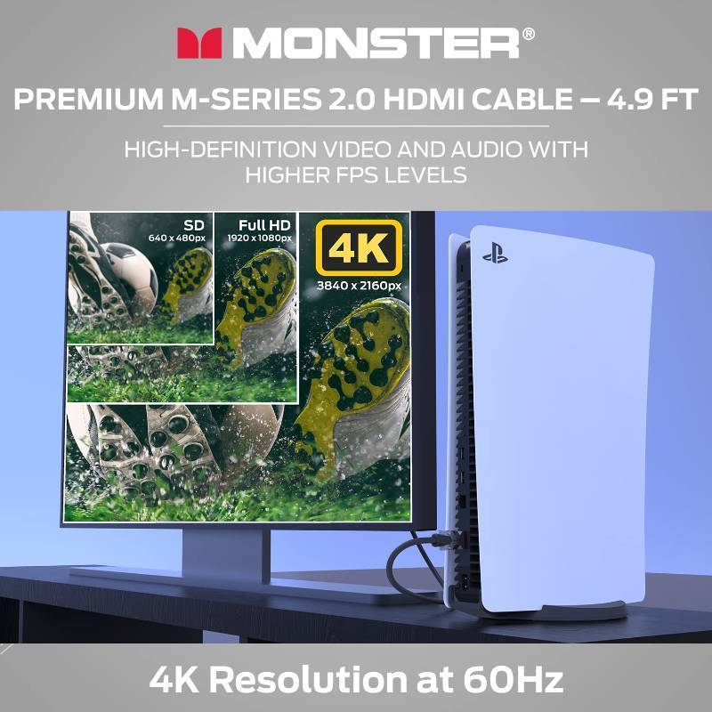 lot 875 image: Monster M-Series Certified Premium HDMI Cable 2.0, Features 4K Ultra HD at 60Hz Refresh Rate, Duraflex Jacket, and Triple Layer Shielding, 22.5 Gbps - 4.9 ft