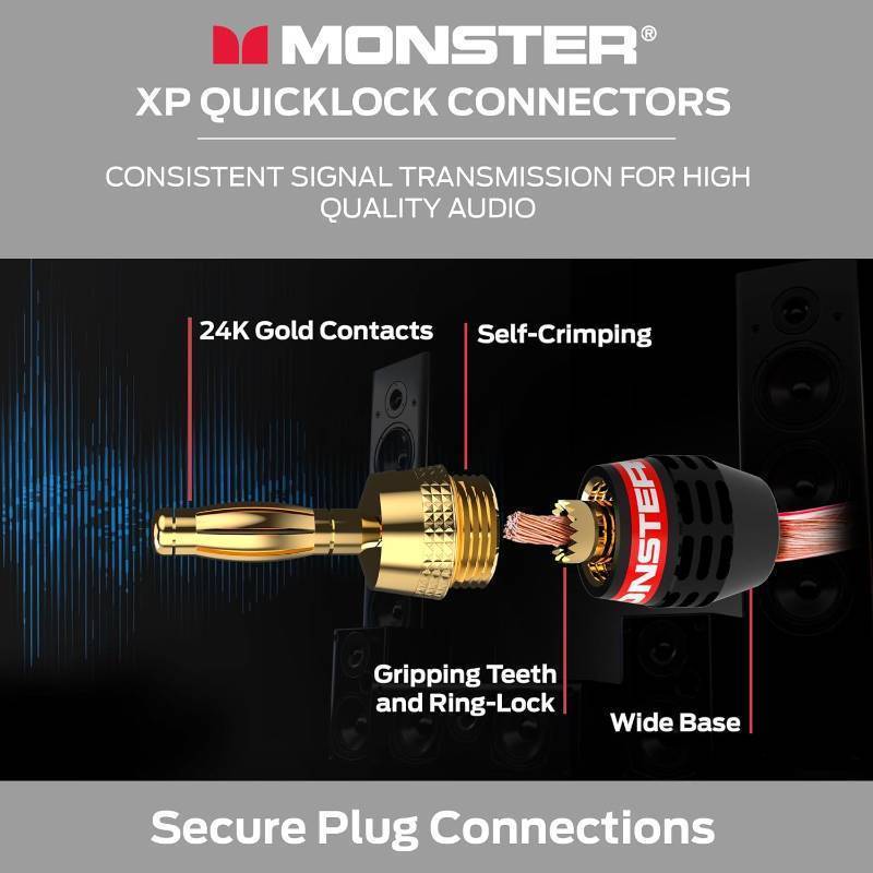 lot 878 image: Monster XP QuickLock Self-Crimping Banana Plugs for Speaker Wire with 24K Gold Contacts - 2 Pair (4 Total), Ideal for Home Theatre & Home Audio Speakers
