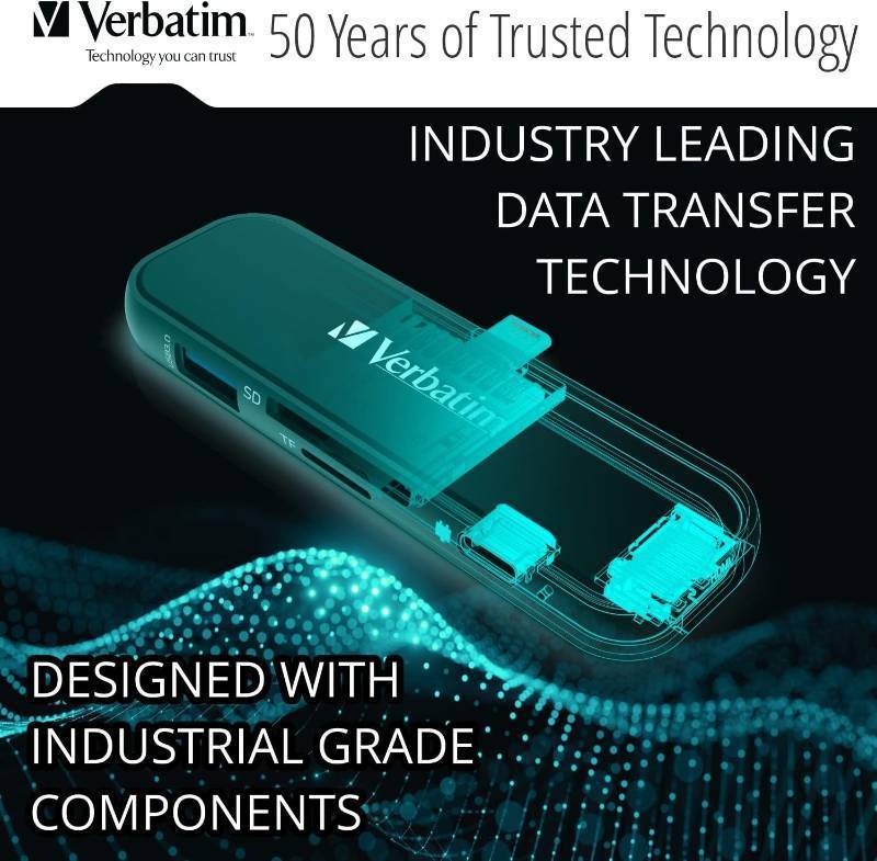 lot 879 image: Verbatim 6-in-1 USB C Hub Adapter - 100W Power Delivery, USB 3.0 Ports, SD Card Readers, 3.5mm Audio Port for USB C Laptops
