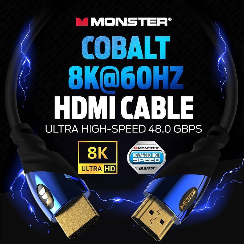 lot 893 image: Monster 6Ft Ultra High-Speed Cobalt 2.1 HDMI Electronic Cable - 48Gbps with eARC, 8K at 60Hz for Superior Video Sound Quality for Playstation PS5, Xbox Series X, Roku, Apple, Smart Television