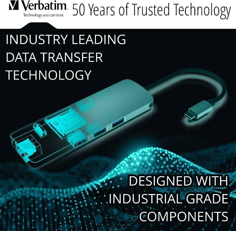 lot 894 image: Verbatim 9-in-1 USB C Hub Adapter - 100W Power Delivery, USB 3.0, SD Card Readers, Gigabit LAN, 3.5mm Port for USB C Laptops