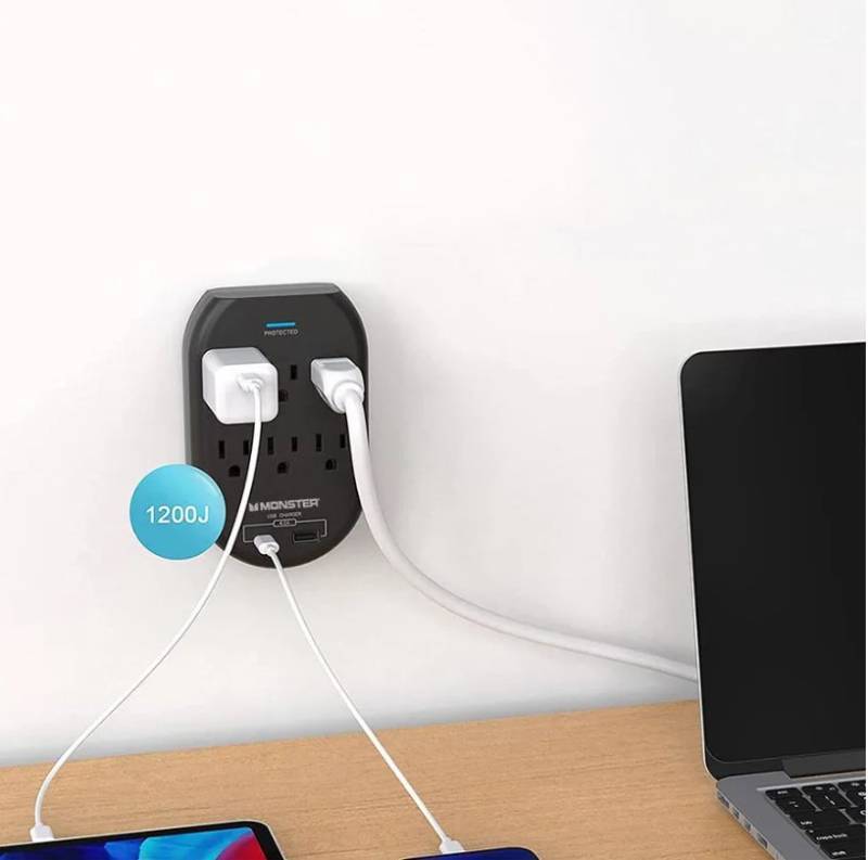 lot 720 image: MONSTER  6-Outlets, 1-USB Port and 1-USB-C Port Wall Adapter with Surge Protector - 1200 Joules - 15 A - Black