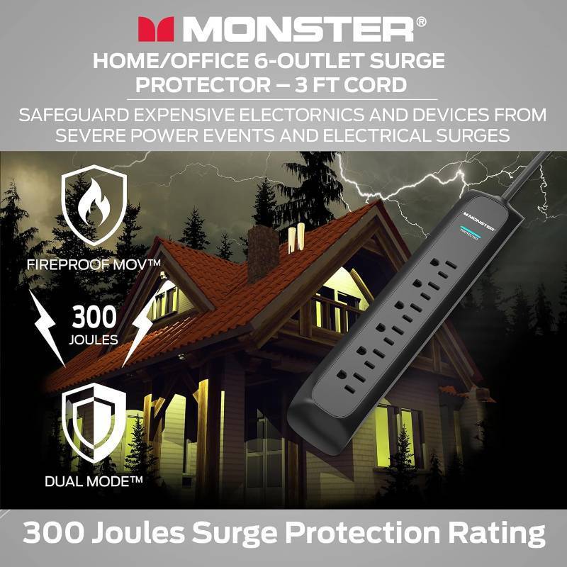 lot 737 image: Monster 3ft Black Power Strip and Tower Surge Protector, Heavy Duty Protection, 6 120V-Outlets