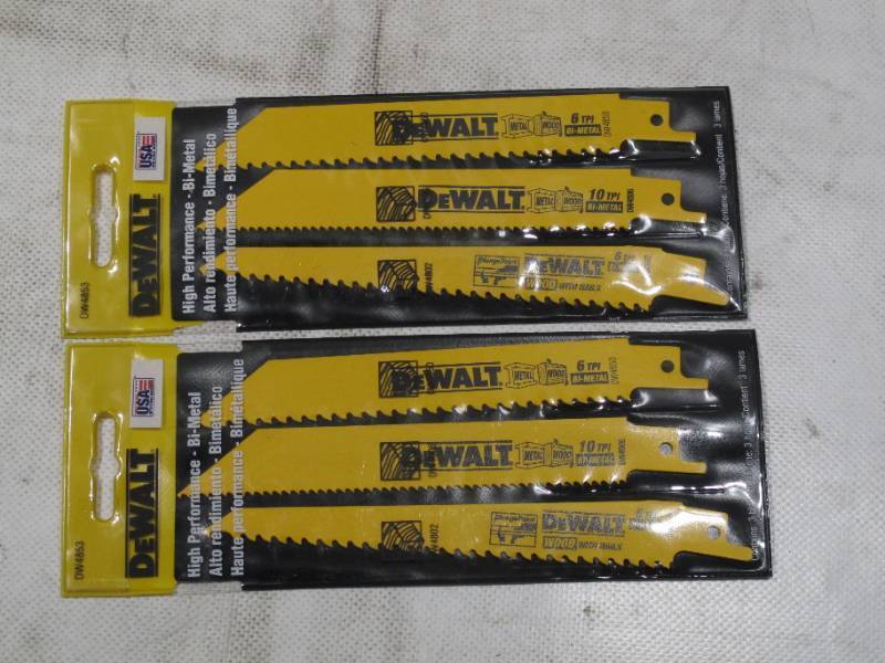 lot 246 image: NEW 2 Packs of DEWALT DW4853 RECIPROCATING BLADE 3PC 6 LONG HIGH PERFORMANCE BI-METAL