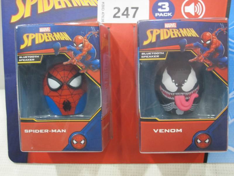 lot 341 image: NEW 3 Pack Marvel Bitty Boomers Spider-Man, Venom, Miles Morales Bluetooth Speakers