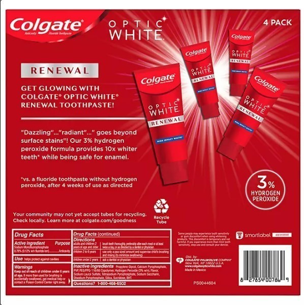 lot 367 image: NEW Colgate Optic White Renewal Whitening Toothpaste (4.1 oz., 4 pk.)
