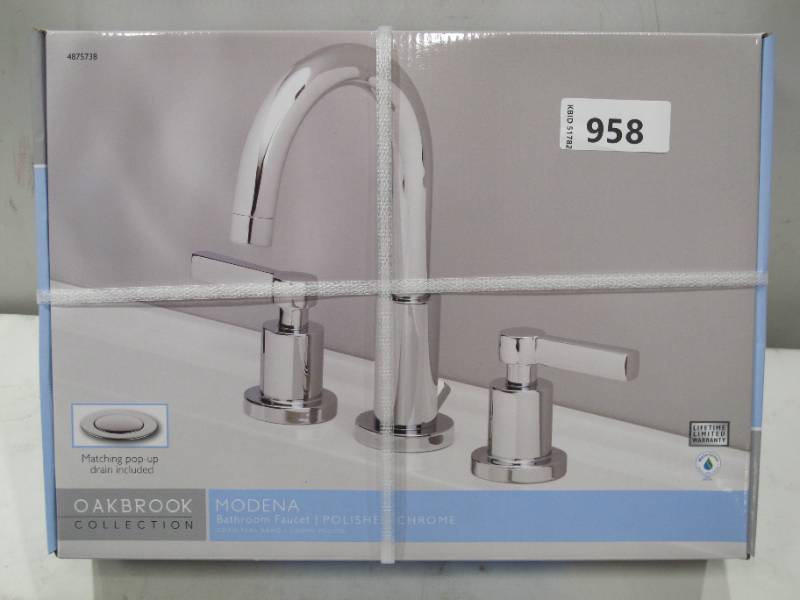 lot 958 image: NEW Oak Brook Chrome 1.25 GPM Widespread Modena Low Lead Lavatory Pop Up Faucet 8 in.