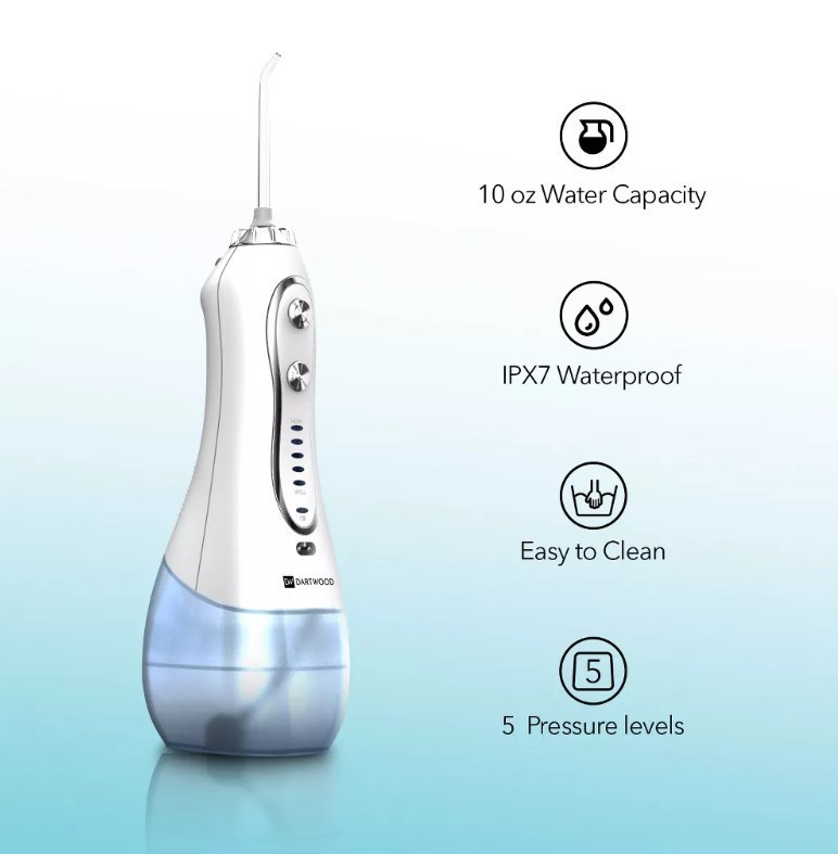 lot 931 image: Dartwood Dental Cordless Oral Irrigator Water Flosser - Teeth Cleaning Kit - with Four Dental Tips and 10 Ounce Tank (White)