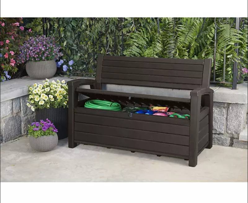 lot 100 image: NEW Keter Hudson Plastic Storage Bench, Non-Brushed Brown