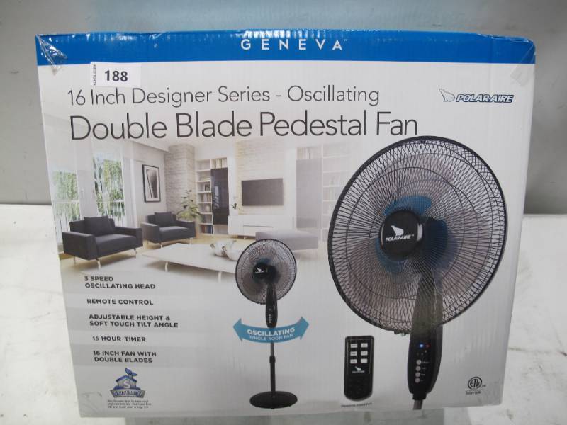 lot 188 image: NEW Geneva 16 in. 3 Speed Electric Oscillating Dual Blade Stand Fan