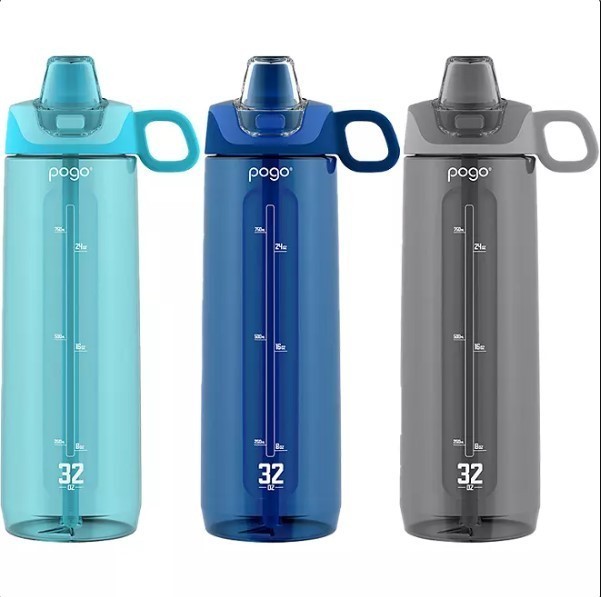 lot 189 image: NEW  Pogo 32-oz Tritan Water Bottles, Assorted Colors (3 pk.) - Colors Sky, Blueberry, Gray