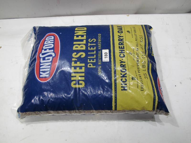lot 180 image: KINGSFORD 100% NATURAL HARDWOOD BLEND PELLETS CHEFS BLEND, HICKORY, CHERRY AND OAK, 35 LB