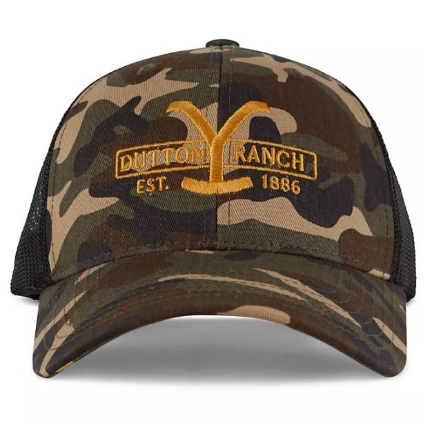 lot 185 image: NEW Yellowstone Dutton Ranch Adjustable Trucker Hat - Camo One Size Fits Most