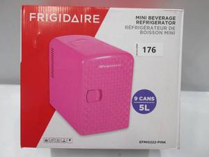 lot 176 image: NEW  Frigidaire Diamond 9 Can Mini Beverage & Skin Care Cooler - Pink